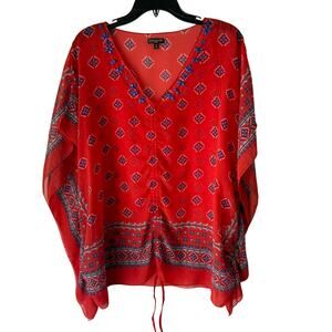 Hannah Woman Red Sheer Embroidered‎ Kaftan Blouse – Size 1X Boho Lightweight